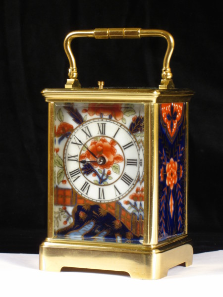 rare carriage clock with Staffordshire panels in Imari style