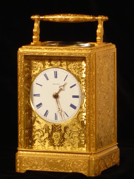 Engraved early bell striking carriage clock with case