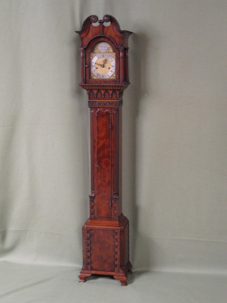  Miniature weight driven mahogany longcase clock. (Grandmother clock)