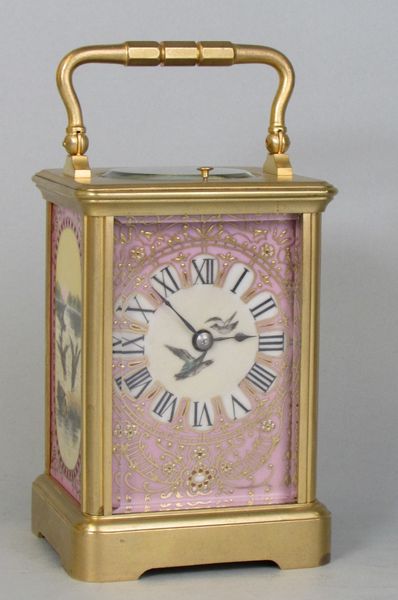 Corniche Cased Carriage Clock with Three Porcelain Panels 