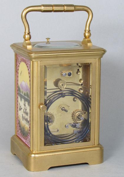 Corniche Cased Carriage Clock with Three Porcelain Panels 
