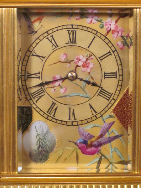 export market petite sonnerie carriage clock with birds on porcelain panels