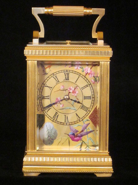 export market petite sonnerie carriage clock with birds on porcelain panels