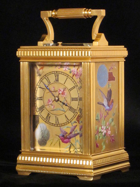export market petite sonnerie carriage clock with birds on porcelain panels