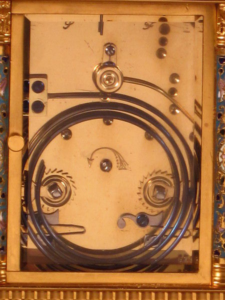 A fairly large champleve enamel carriage gong striking carriage clock