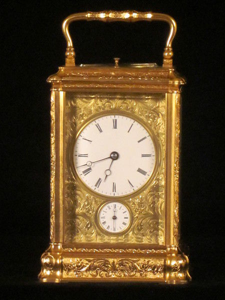 D357 A finely engraved and early bell striking and repeating gorge carriage clock