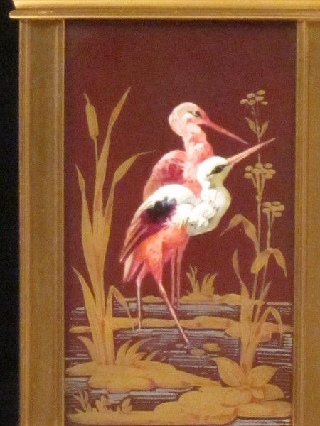 S/R. carriage clock with box and fine porcelain panels with Herons nr lake.