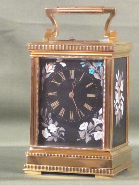 very rare carriage clock with pietra dura panels.