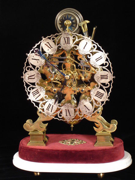 8 bell skeleton clock playing Whittington chimes at the quarters.