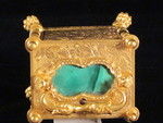 miniature engraved carriage clock on stand with malachite panels. (England)